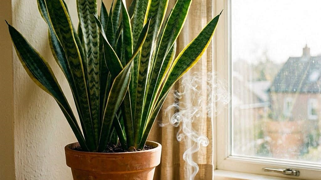 Planta Espada-de-São-Jorge com folhas verticais verdes em vaso de barro com fumaça de incenso, atmosfera sagrada