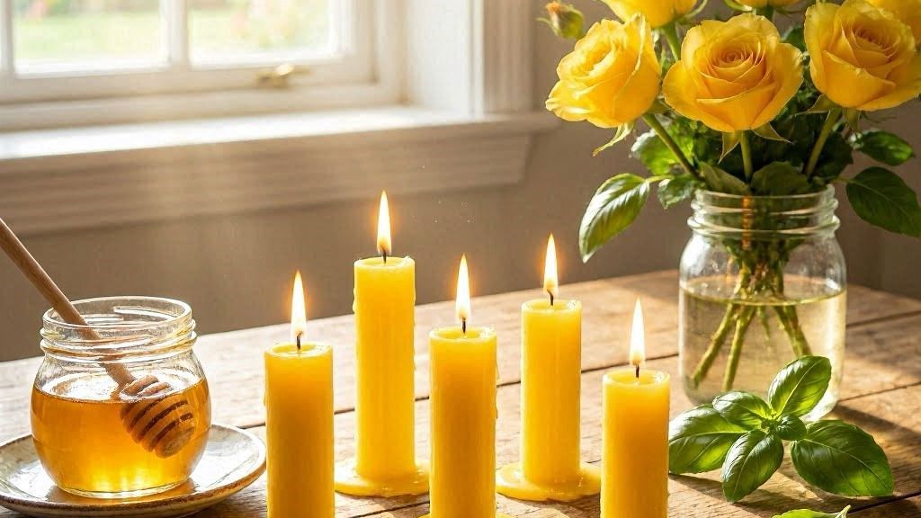 Sete velas amarelas com mel, manjericão e luz solar suave entrando pela janela, atmosfera de alegria curadora
