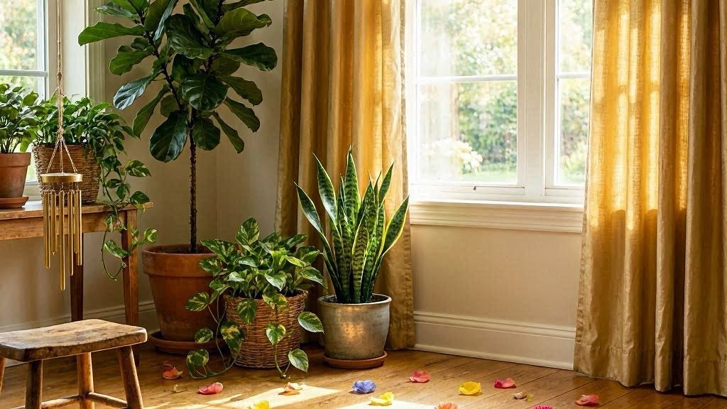 Janela aberta com cortinas douradas, pétalas voando ao vento, sino e plantas verdes, atmosfera de renovação