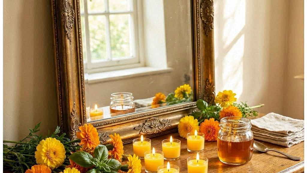 Espelho com flores amarelas e laranja, manjericão, sete velas e mel, ambiência alegre e protetora