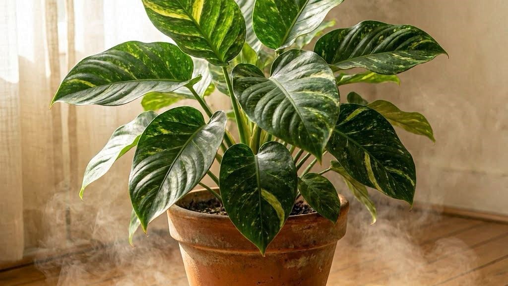 Planta verde fresca em vaso com fumaça leve, ambiente sereno e refrescante