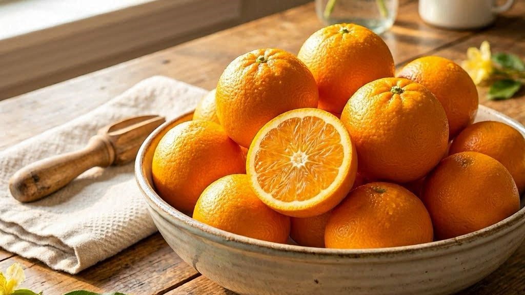 Tigela com laranjas frescas maduras sobre mesa rústica de madeira ao sol, atmosfera quente e acolhedora