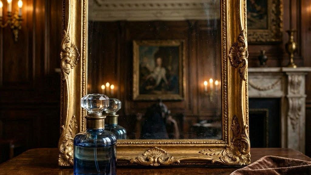 Espelho barroco dourado com frasco de perfume vintage, grãos de café e veludo marrom, atmosfera aristocrática