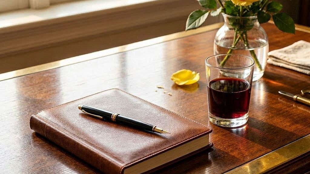Escritório elegante com caneta tinteiro, caderno de couro, vinho, rosas amarelas e luz suave, ambiência diplomática
