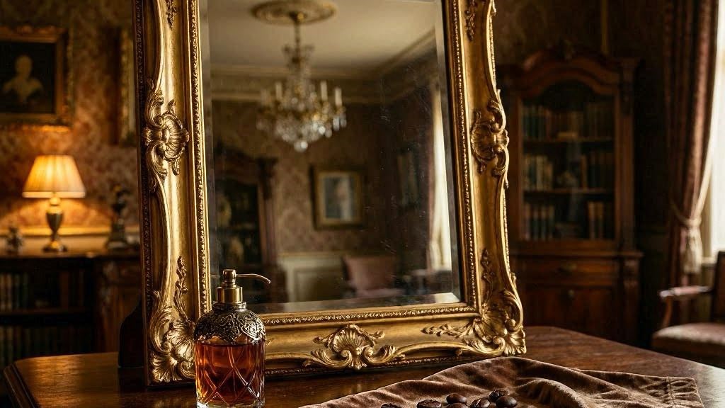 Espelho dourado com perfume vintage e veludo marrom, símbolo de prosperidade refinada
