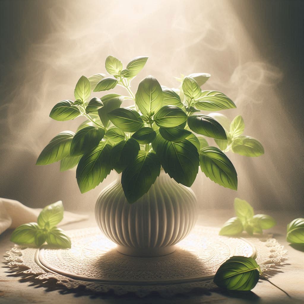 Manjericão branco (Ocimum basilicum album), folhas verde-claras delicadas em vaso branco sobre altar de Oxalá com luz dourada suave
