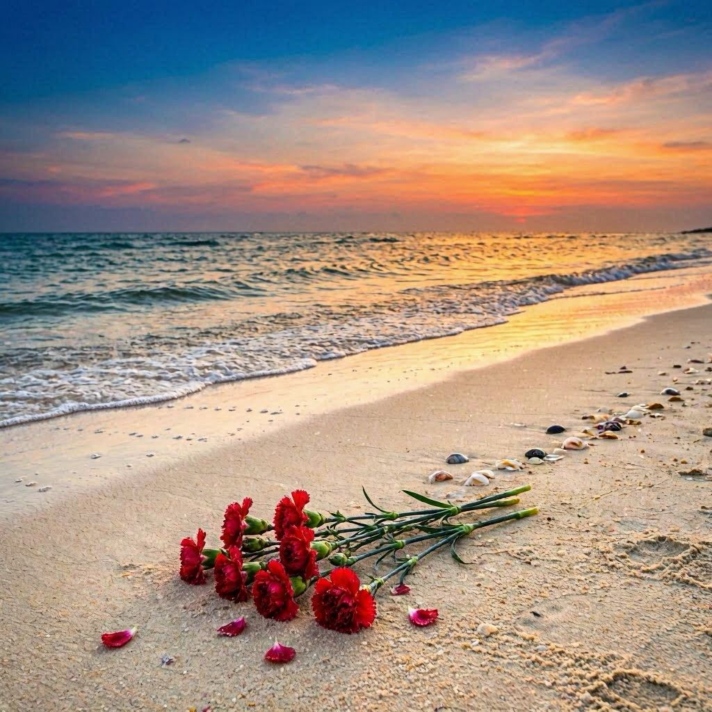 Praia tropical com ondas ao entardecer, cravos vermelhos sobre areia, luz dourada do mar - Ogum Beira-Mar