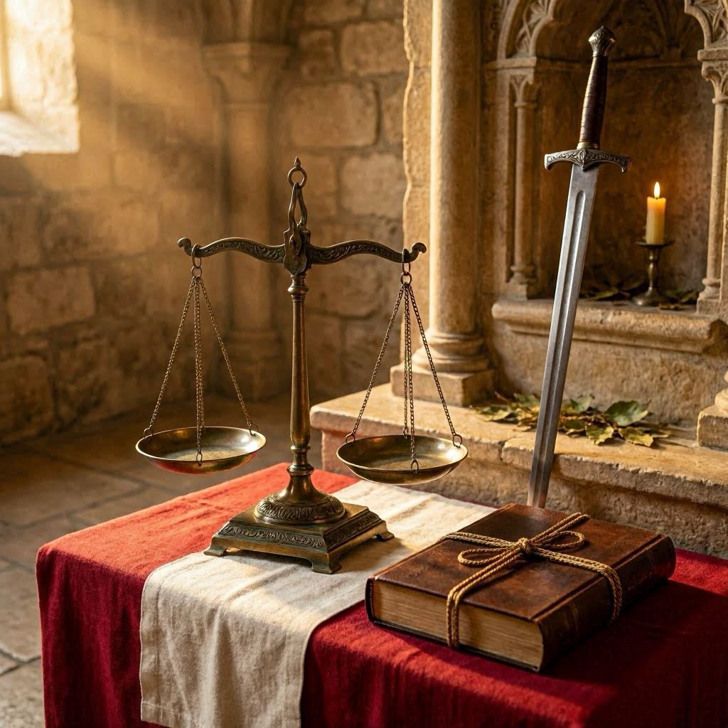 Balança de bronze com espada e livro selado - Ogum de Lei