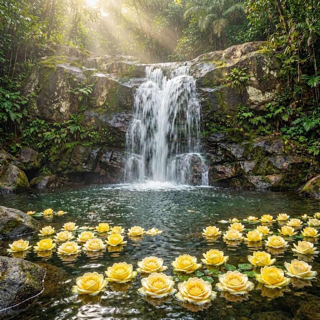 Cachoeira tropical com rosas amarelas e luz dourada - Ogum Iara