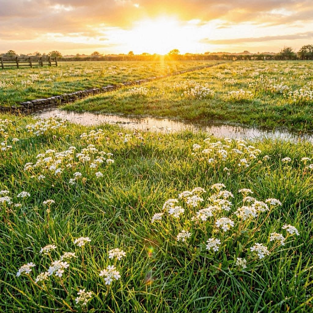 Campo aberto verde com sol nascente dourado - Ogum Matinata
