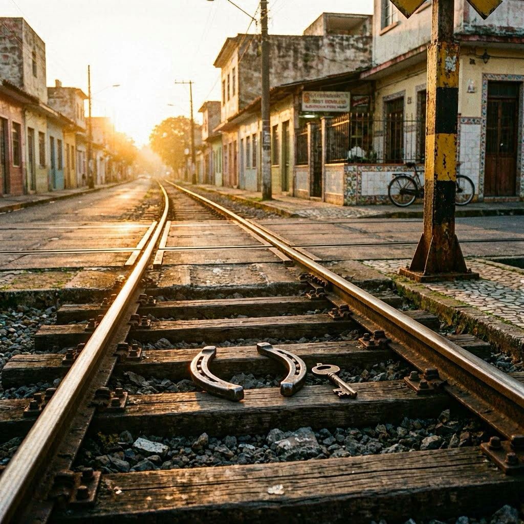 Estrada de ferro ao raiar do sol com ferradura e chave - Ogum Nagô