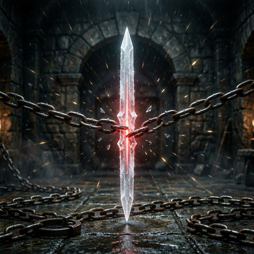 Espada branca cortando correntes - Ogum Naruê