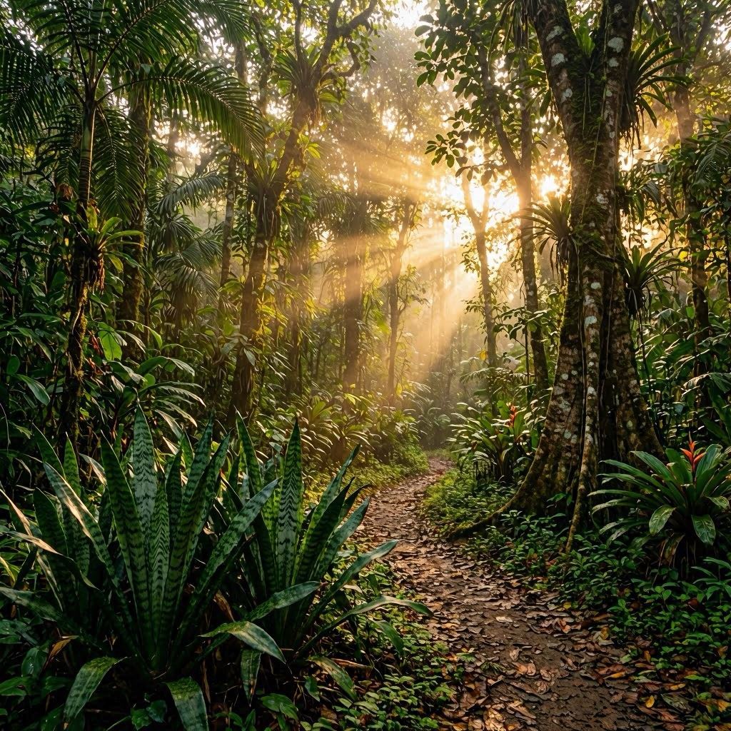 Entrada de floresta tropical com espada-de-são-jorge ao raiar do sol - Ogum Rompe-Mato