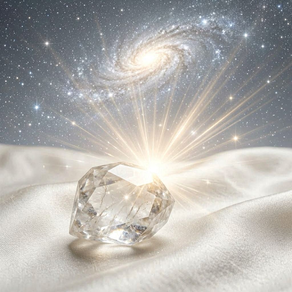 Cristal de quartzo branco com raios de luz cósmica dourada e branca emanando, símbolo do aspecto cósmico de Oxalá (Orixá Nlá / Obatalá)