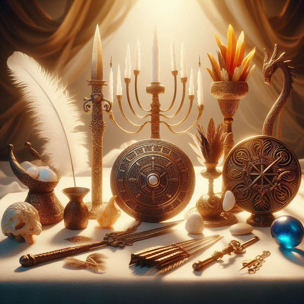 Objetos cerimoniais dos 7 Orixás da Umbanda em altar branco com aura mística