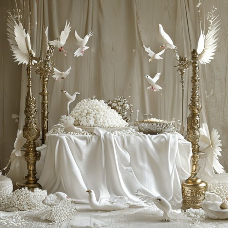 Altar de Oxalufa e Oxaguia com dois cajados, pombas brancas e canjica - Qualidades de Oxala