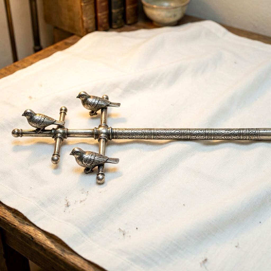 Opaxorô — cajado sagrado de metal branco com aves esculpidas, símbolo de Oxalufã, com luz dourada etérea