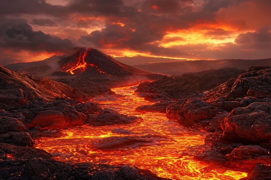 Vulcão com lava brilhante e rochas marrons - Xangô Agodô o Senhor dos Vulcões
