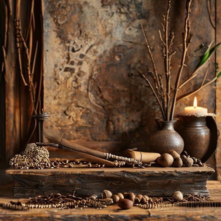 Altar de Yorima com cachimbo de barro, banco e raizes - Patriarca dos Pretos-Velhos